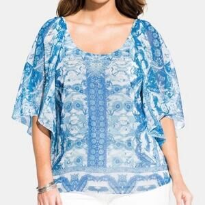 City Chic Trendy Mykonos blue floral boho flowy jeweled shirt plus size 24 new!!